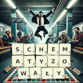 Kreatywna ilustracja do gry w Scrabble ze słowem SCHEMATYZOWAŁY ułożonym z płytek na planszy.