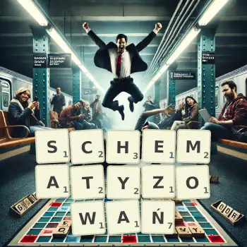 Kreatywna ilustracja do gry w Scrabble ze słowem SCHEMATYZOWAŃ ułożonym z płytek na planszy.