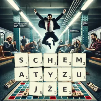 Kreatywna ilustracja do gry w Scrabble ze słowem SCHEMATYZUJŻE ułożonym z płytek na planszy.