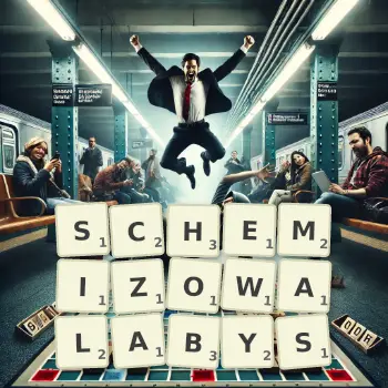 Kreatywna ilustracja do gry w Scrabble ze słowem SCHEMIZOWALABYS ułożonym z płytek na planszy.