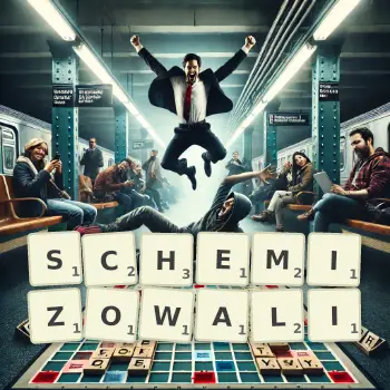 Kreatywna ilustracja do gry w Scrabble ze słowem SCHEMIZOWALI ułożonym z płytek na planszy.