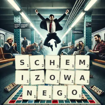 Kreatywna ilustracja do gry w Scrabble ze słowem SCHEMIZOWANEGO ułożonym z płytek na planszy.