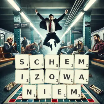 Kreatywna ilustracja do gry w Scrabble ze słowem SCHEMIZOWANIEM ułożonym z płytek na planszy.