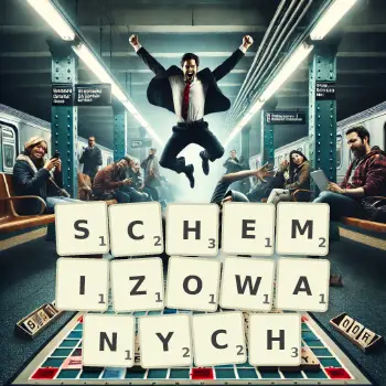Kreatywna ilustracja do gry w Scrabble ze słowem SCHEMIZOWANYCH ułożonym z płytek na planszy.