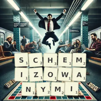 Kreatywna ilustracja do gry w Scrabble ze słowem SCHEMIZOWANYMI ułożonym z płytek na planszy.