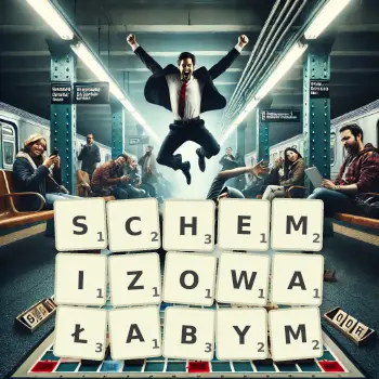 Kreatywna ilustracja do gry w Scrabble ze słowem SCHEMIZOWAŁABYM ułożonym z płytek na planszy.