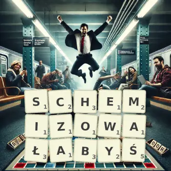 Kreatywna ilustracja do gry w Scrabble ze słowem SCHEMIZOWAŁABYŚ ułożonym z płytek na planszy.