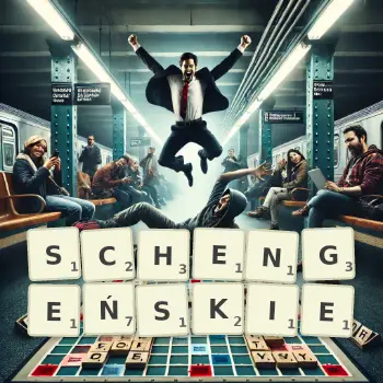 Kreatywna ilustracja do gry w Scrabble ze słowem SCHENGEŃSKIE ułożonym z płytek na planszy.