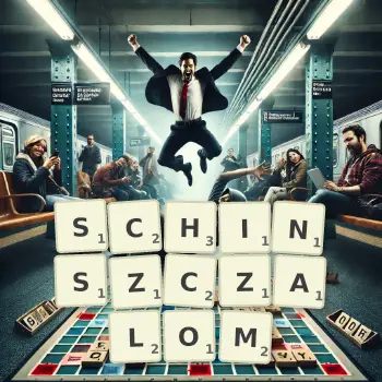 Kreatywna ilustracja do gry w Scrabble ze słowem SCHINSZCZALOM ułożonym z płytek na planszy.