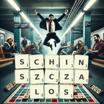 Kreatywna ilustracja do gry w Scrabble ze słowem SCHINSZCZALOS ułożonym z płytek na planszy.