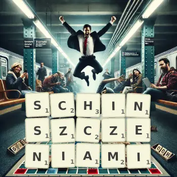 Kreatywna ilustracja do gry w Scrabble ze słowem SCHINSZCZENIAMI ułożonym z płytek na planszy.