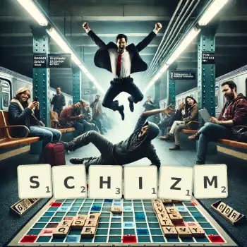 Kreatywna ilustracja do gry w Scrabble ze słowem SCHIZM ułożonym z płytek na planszy.