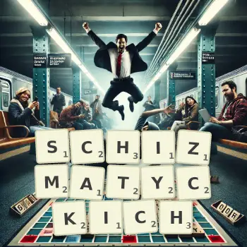 Kreatywna ilustracja do gry w Scrabble ze słowem SCHIZMATYCKICH ułożonym z płytek na planszy.