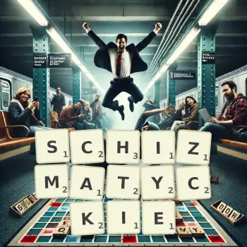 Kreatywna ilustracja do gry w Scrabble ze słowem SCHIZMATYCKIE ułożonym z płytek na planszy.