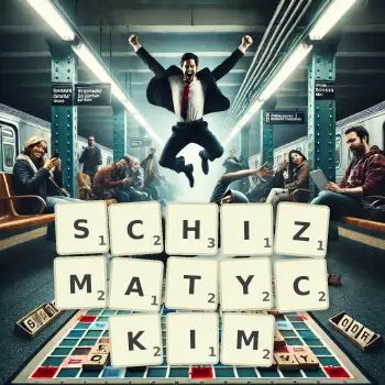 Kreatywna ilustracja do gry w Scrabble ze słowem SCHIZMATYCKIM ułożonym z płytek na planszy.