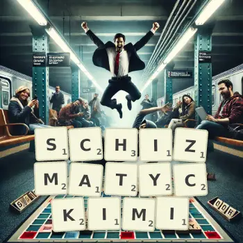 Kreatywna ilustracja do gry w Scrabble ze słowem SCHIZMATYCKIMI ułożonym z płytek na planszy.