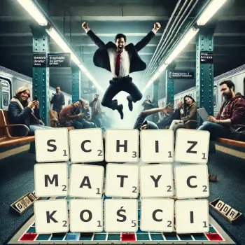 Kreatywna ilustracja do gry w Scrabble ze słowem SCHIZMATYCKOŚCI ułożonym z płytek na planszy.