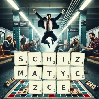 Kreatywna ilustracja do gry w Scrabble ze słowem SCHIZMATYCZCE ułożonym z płytek na planszy.