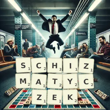 Kreatywna ilustracja do gry w Scrabble ze słowem SCHIZMATYCZEK ułożonym z płytek na planszy.