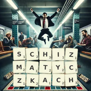 Kreatywna ilustracja do gry w Scrabble ze słowem SCHIZMATYCZKACH ułożonym z płytek na planszy.