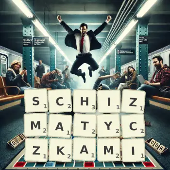 Kreatywna ilustracja do gry w Scrabble ze słowem SCHIZMATYCZKAMI ułożonym z płytek na planszy.