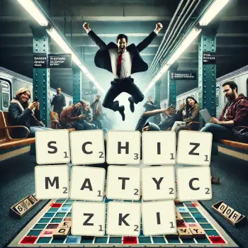 Kreatywna ilustracja do gry w Scrabble ze słowem SCHIZMATYCZKI ułożonym z płytek na planszy.