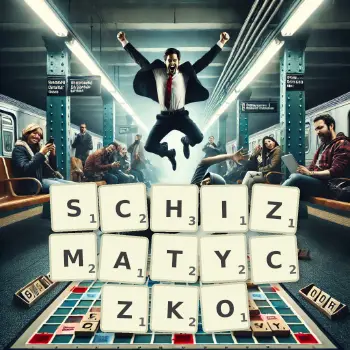 Kreatywna ilustracja do gry w Scrabble ze słowem SCHIZMATYCZKO ułożonym z płytek na planszy.