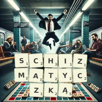 Kreatywna ilustracja do gry w Scrabble ze słowem SCHIZMATYCZKĄ ułożonym z płytek na planszy.