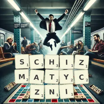 Kreatywna ilustracja do gry w Scrabble ze słowem SCHIZMATYCZNI ułożonym z płytek na planszy.