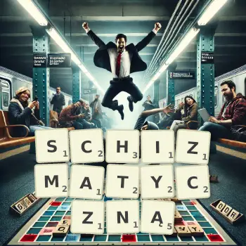 Kreatywna ilustracja do gry w Scrabble ze słowem SCHIZMATYCZNĄ ułożonym z płytek na planszy.