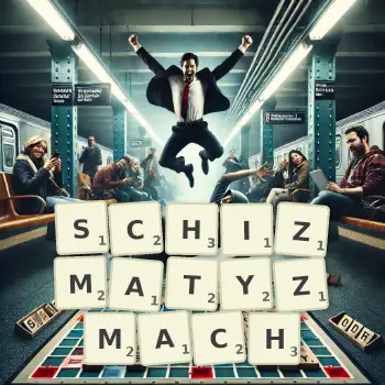 Kreatywna ilustracja do gry w Scrabble ze słowem SCHIZMATYZMACH ułożonym z płytek na planszy.