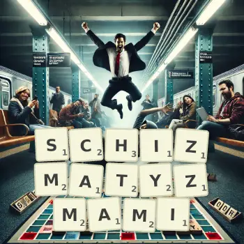 Kreatywna ilustracja do gry w Scrabble ze słowem SCHIZMATYZMAMI ułożonym z płytek na planszy.