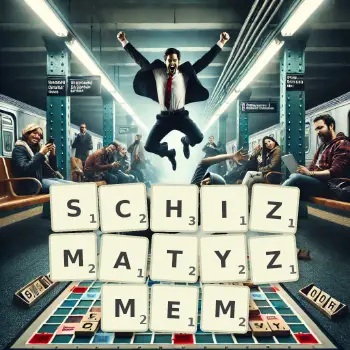 Kreatywna ilustracja do gry w Scrabble ze słowem SCHIZMATYZMEM ułożonym z płytek na planszy.