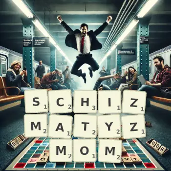 Kreatywna ilustracja do gry w Scrabble ze słowem SCHIZMATYZMOM ułożonym z płytek na planszy.