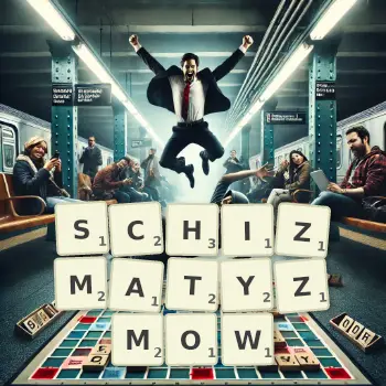 Kreatywna ilustracja do gry w Scrabble ze słowem SCHIZMATYZMOW ułożonym z płytek na planszy.