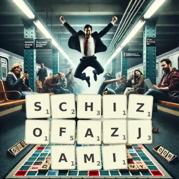 Kreatywna ilustracja do gry w Scrabble ze słowem SCHIZOFAZJAMI ułożonym z płytek na planszy.