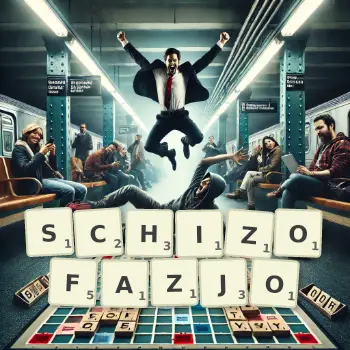 Kreatywna ilustracja do gry w Scrabble ze słowem SCHIZOFAZJO ułożonym z płytek na planszy.