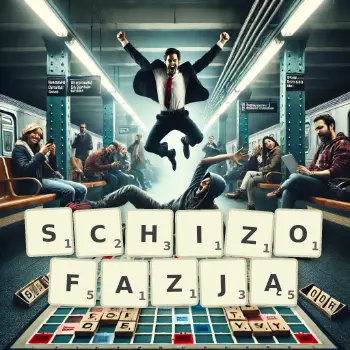 Kreatywna ilustracja do gry w Scrabble ze słowem SCHIZOFAZJĄ ułożonym z płytek na planszy.