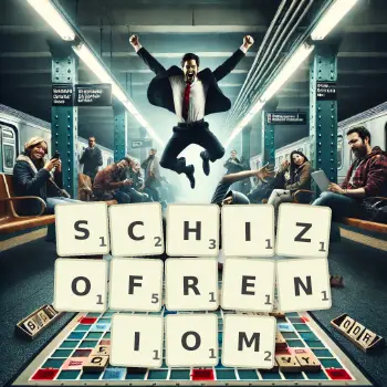 Kreatywna ilustracja do gry w Scrabble ze słowem SCHIZOFRENIOM ułożonym z płytek na planszy.