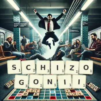 Kreatywna ilustracja do gry w Scrabble ze słowem SCHIZOGONII ułożonym z płytek na planszy.