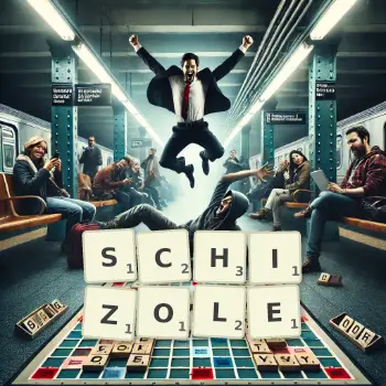 Kreatywna ilustracja do gry w Scrabble ze słowem SCHIZOLE ułożonym z płytek na planszy.