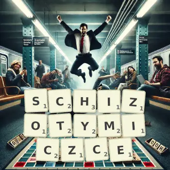 Kreatywna ilustracja do gry w Scrabble ze słowem SCHIZOTYMICZCE ułożonym z płytek na planszy.