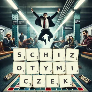 Kreatywna ilustracja do gry w Scrabble ze słowem SCHIZOTYMICZEK ułożonym z płytek na planszy.
