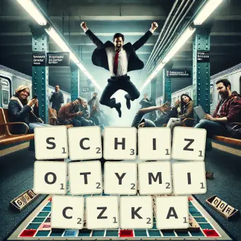 Kreatywna ilustracja do gry w Scrabble ze słowem SCHIZOTYMICZKA ułożonym z płytek na planszy.