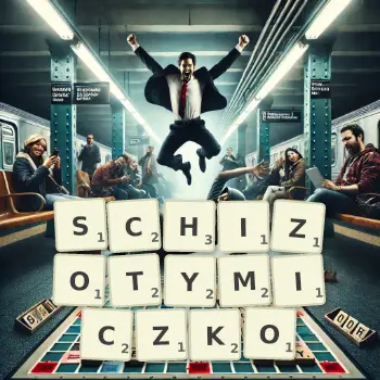Kreatywna ilustracja do gry w Scrabble ze słowem SCHIZOTYMICZKO ułożonym z płytek na planszy.