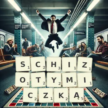 Kreatywna ilustracja do gry w Scrabble ze słowem SCHIZOTYMICZKĄ ułożonym z płytek na planszy.
