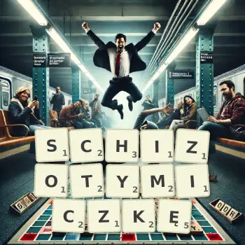 Kreatywna ilustracja do gry w Scrabble ze słowem SCHIZOTYMICZKĘ ułożonym z płytek na planszy.