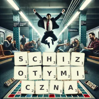 Kreatywna ilustracja do gry w Scrabble ze słowem SCHIZOTYMICZNA ułożonym z płytek na planszy.