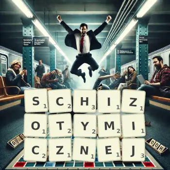 Kreatywna ilustracja do gry w Scrabble ze słowem SCHIZOTYMICZNEJ ułożonym z płytek na planszy.