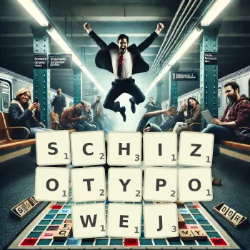 Kreatywna ilustracja do gry w Scrabble ze słowem SCHIZOTYPOWEJ ułożonym z płytek na planszy.